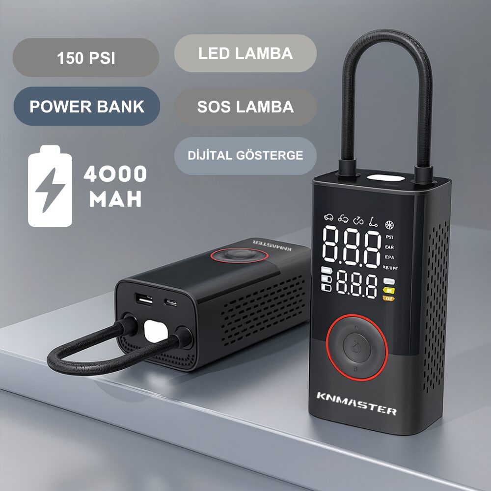Knmaster LP200 – 150 PSI Dijital Göstergeli Şarjlı Hava Pompası